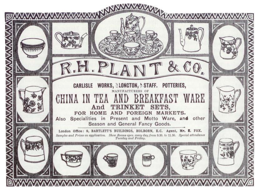 1885 advert for R.H. Plant & Co. at the Carlisle Works, Longton 