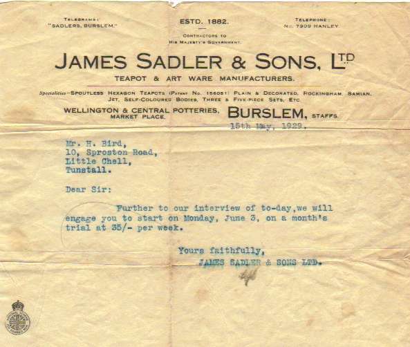 1929 appointment letter for Sadler