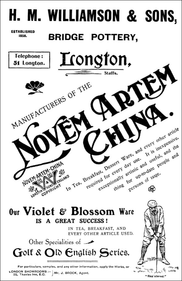 1907 advert for Williamson & Sons, Bridge Pottery, Longton