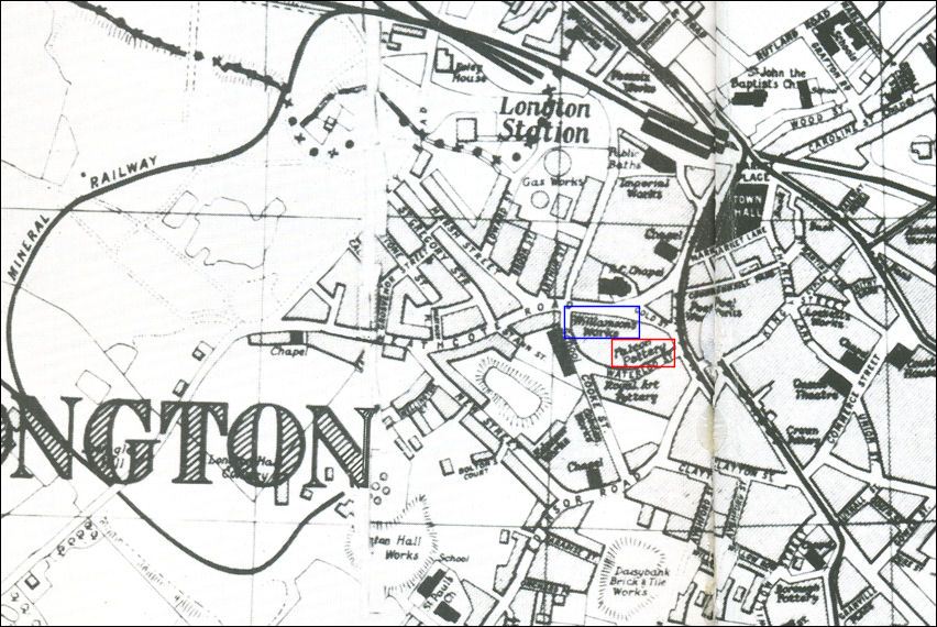1907 trade map showing the Williamson's works and the adjacent Falcon Pottery works