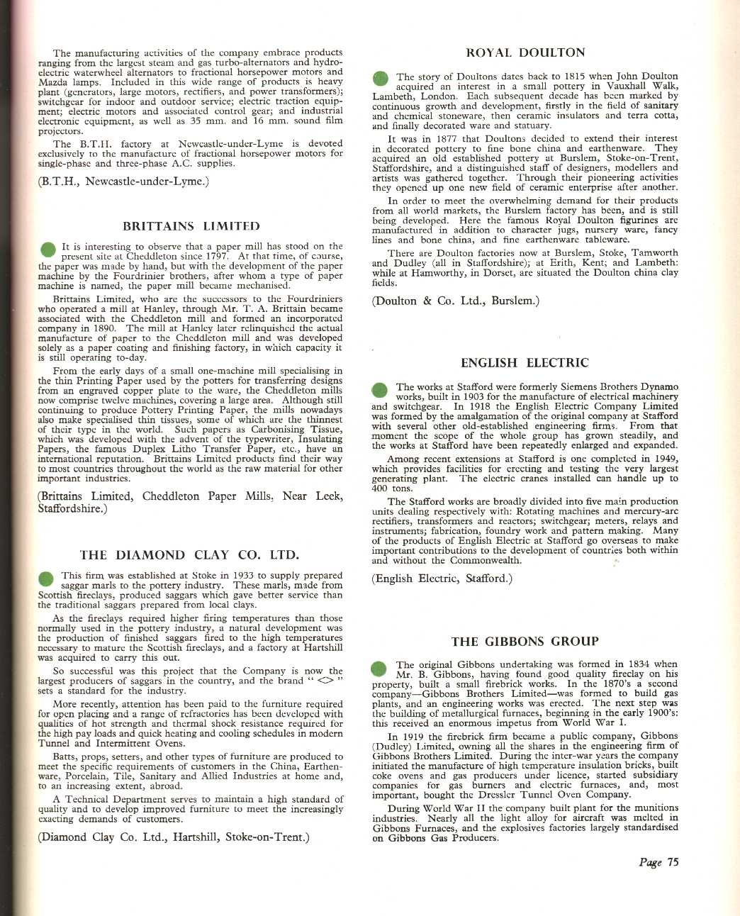 A guide to some of the leading firms of North Staffordshire, Brittains Limited, The Diamond Clay Co. Ltd, Royal Doulton, English Electric, The Gibbons Group.