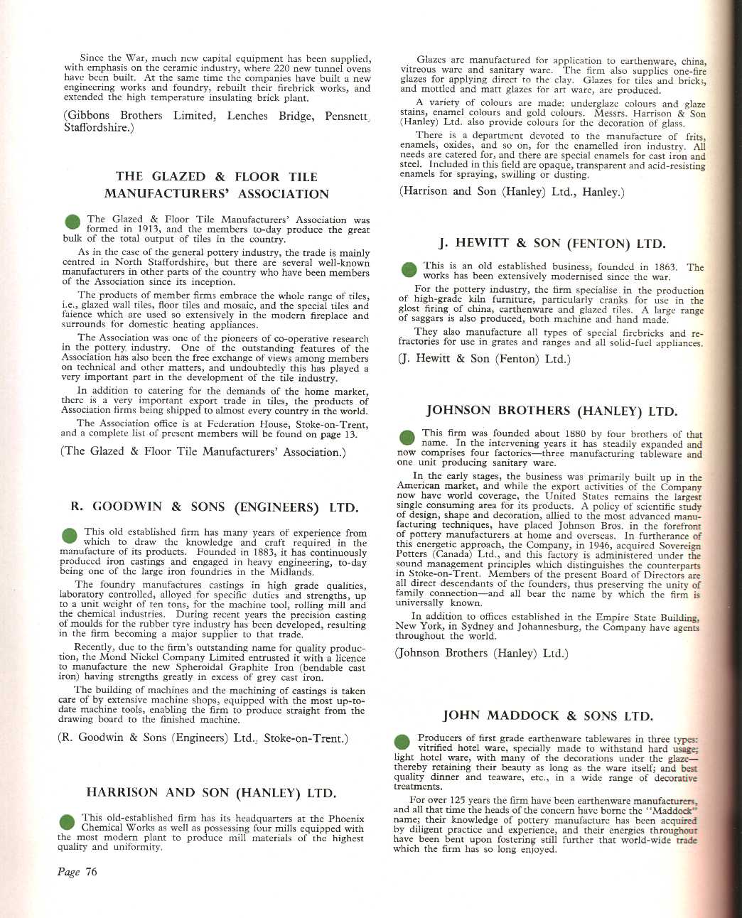 A guide to some of the leading firms of North Staffordshire, The glazed and Floor Tile Manufacturers' Association, R. Goodwin & Sons (Engineers) Ltd., Harrison & Son (Hanley) Ltd, J. Hewitt & Son (Fenton) Ltd, Johnson Brothers (Hanley) Ltd, John Maddock & Sons Ltd.