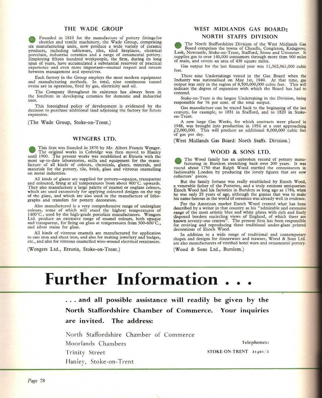 A guide to some of the leading firms of North Staffordshire, The Wade group, Wengers Ltd, West Midlands Gas Board, Wood & Sons.
