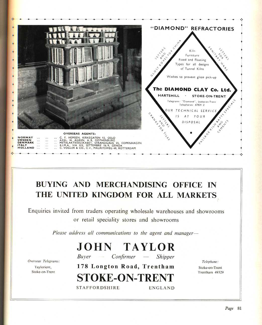 The Diamond Clay Co. Ltd (Kiln Ware), John Taylor (Buyer - Confirmer - Shipper)