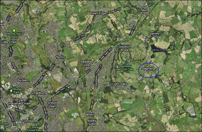 the location of Bagnall in relationship to some of the Potteries towns on the left of the map