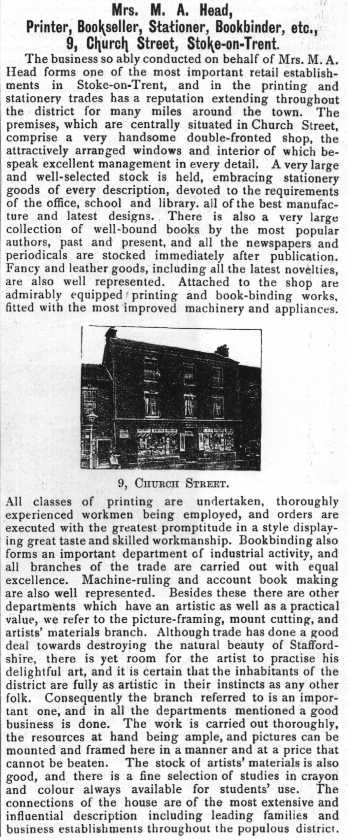 Mrs. M. A. Head, Printer, Bookseller, Stationer, Bookbinder etc.,