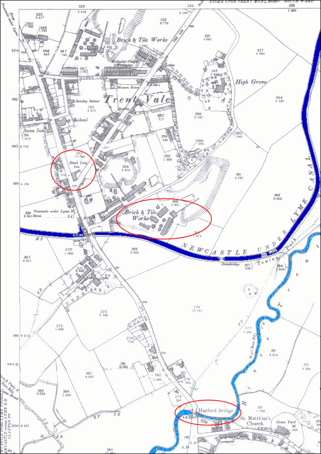 1898 map of Trent Vale - the River Trent and the Newcastle-under-Lyme  Canal are marked