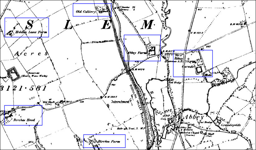 1890 map of Abbey Hulton - the Abbey, various farms and features are highlighted