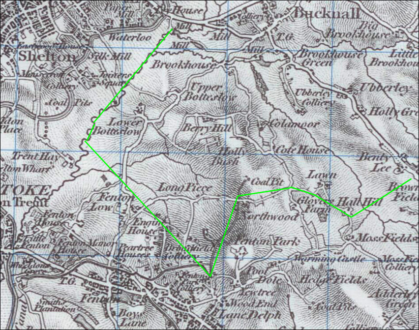 1837 Ordnance Survey map - the general location of the Township of Botteslow outlined in green  