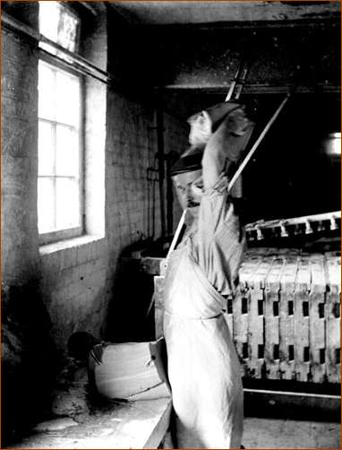 Portrait of a pottery worker known as a clay wedger at work.