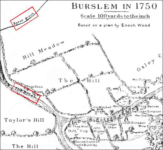 1750 map of the Sytch in Burslem - showing The Hill area