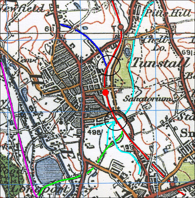 Route of the Loop Line through Tunstall - 1922 map