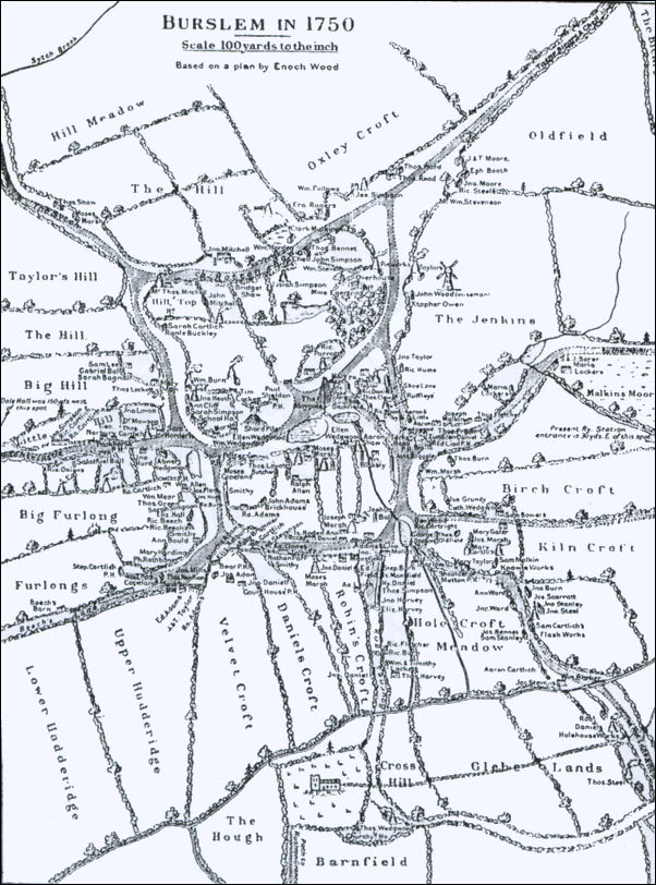Burslem in 1750 based on a plan by the Master Potter - Enoch Wood
