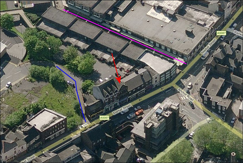 Cyples Lane in purple and Smithy Lane in blue - The 1881 Cyples's Old Pottery shown by the red arrow