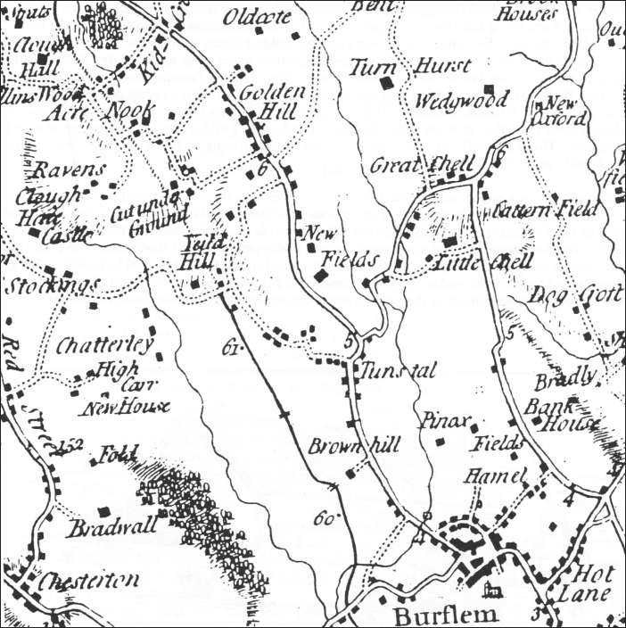 Extract from William Yates 1775 Map of Staffordshire - showing the Tunstall area
