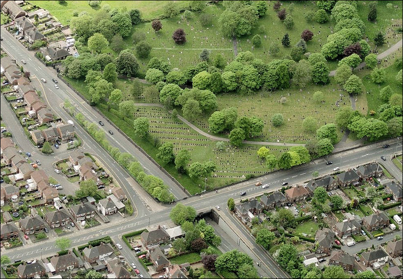 a view of the Bridge on Hanley Road, crossing Leek New Road - Burslem Cemetery in the top right corner