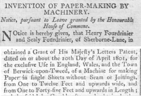 Fourdrinier request for a patent 'on or about the 20th day of April 1801'