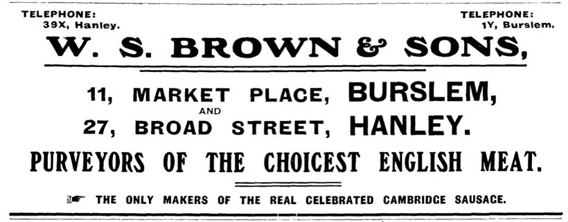 1907 advert for W.S. Brown & Sons, butchers, Burslem & Hanley 