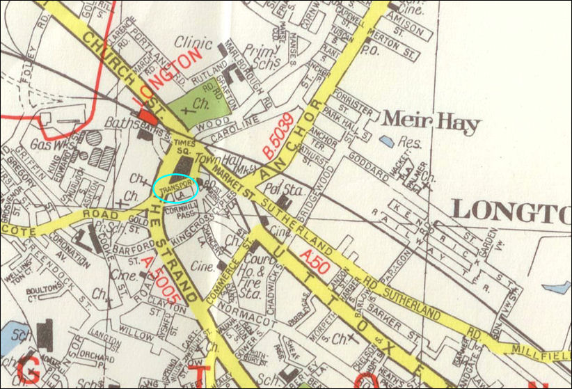 this 1955 map shows the centre of Longton town - Transport Lane is marked in blue 
