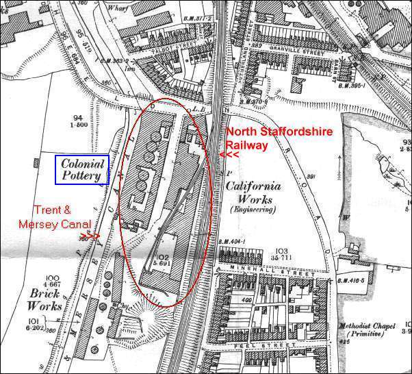 1898 map of Whieldon Road, Stoke showing Winkle and Wood's Colonial Pottery