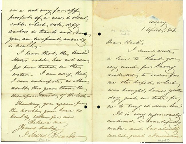1858 letter from J. Lewis Ricardo where he talks about the recent attempts to lay a Trans-Atlantic cable
