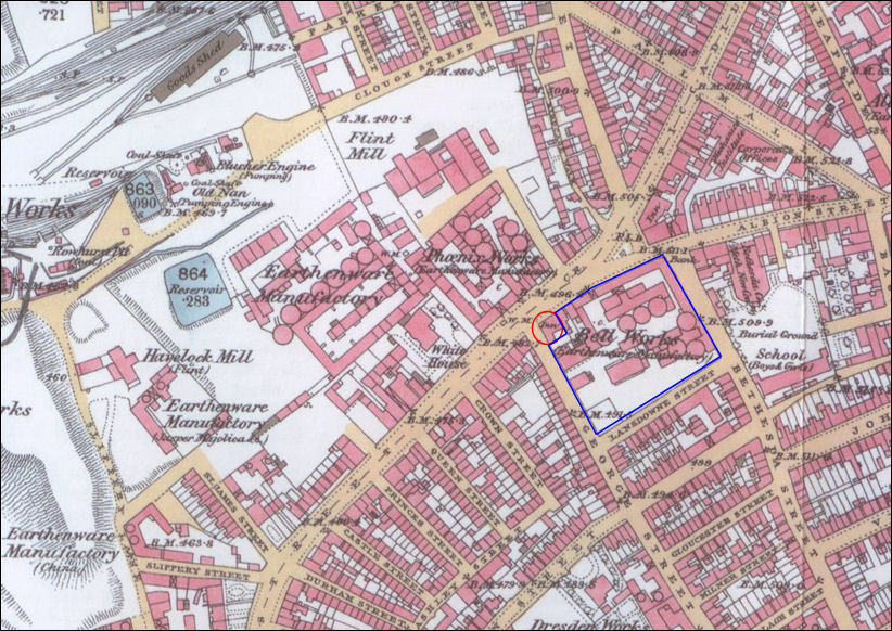 1877 map showing The Bell pottery works - the red circle is the Bell Public House 