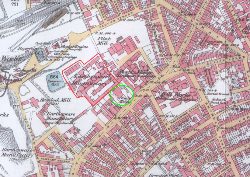 1877 map showing The Broad Street pottery works - the green circle is the White House 