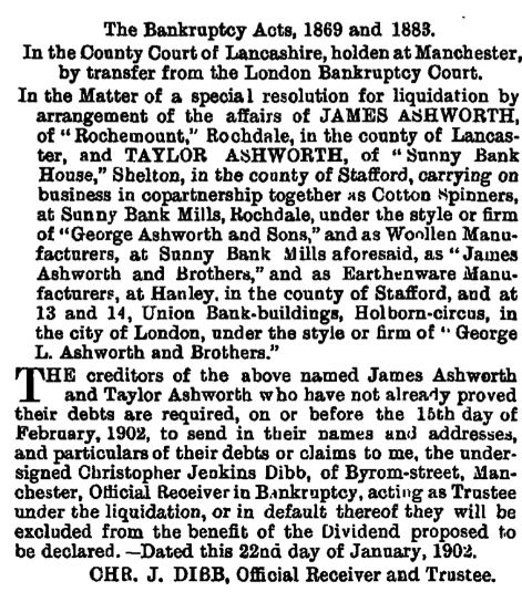 James & Taylor Ashworth must have retained some interest in the business as they were both declared bankrupt in January 1902.  