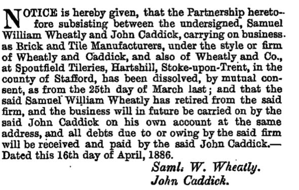 notice of dissolution of partnership between Wheatly & Caddick