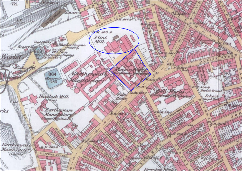 1877 map showing Clementsons Phoenix pottery works and Flint Mill 