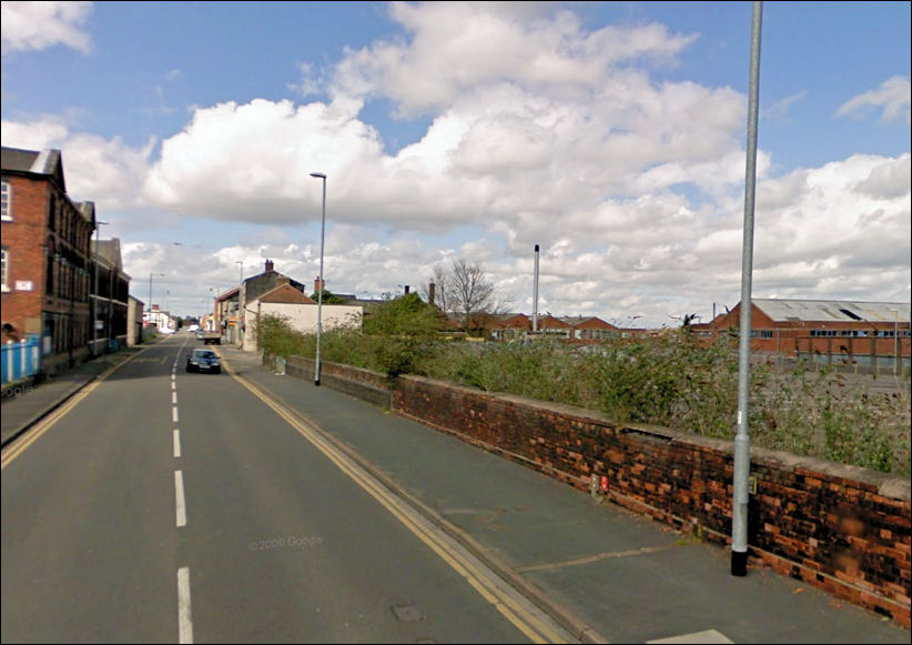 the view down Uttoxeter Road - on the left St. Mary's Works - on the right the remains of the wall of the Florence Works
