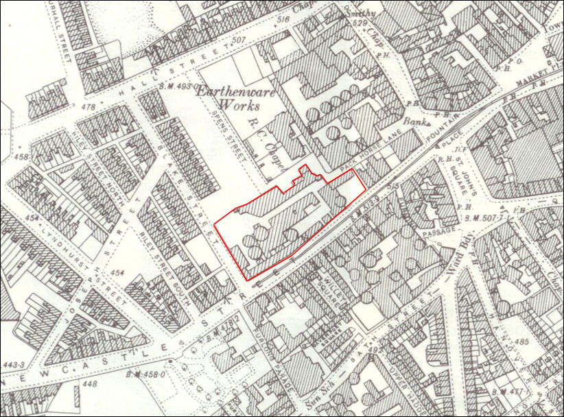 Ford pottery factory, Newcastle Street on a 1898 map of Burslem