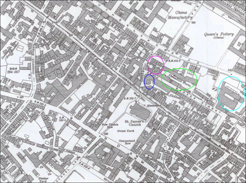 1922 map showing the potworks opposite St. James Church 