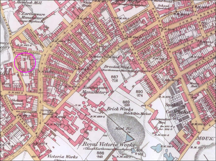 1877 map showing The Havelock pottery works off Slippery Street