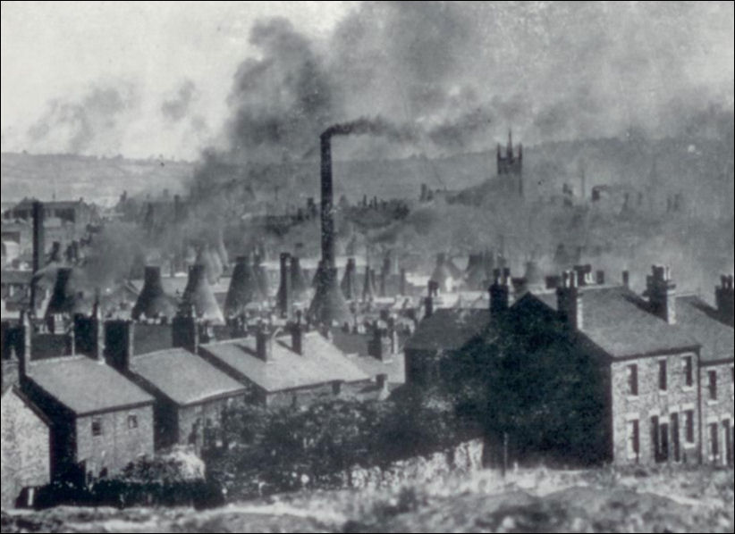 Longton potteries -  a photograph by A.W.J. Blake c.1895 - there are at least 65 bottle ovens in this photograph