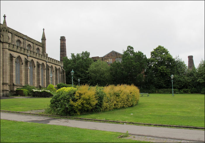 the chimney of the Stanley Works is still standing - the bottle kiln to the left of the picture is part on the Enson Works