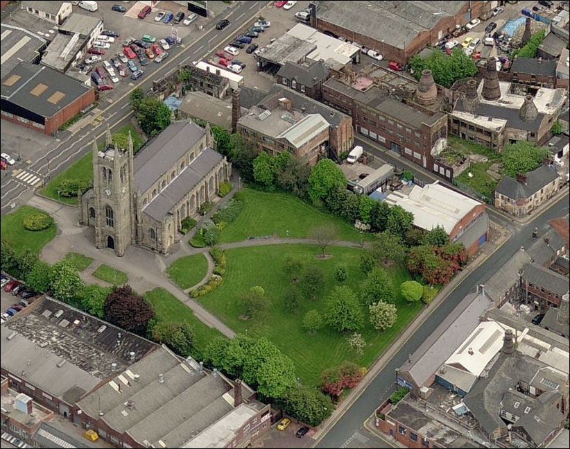 St. James church - to the top is Uttoxeter Road (originally the High Street) to the bottom is Normacot Road