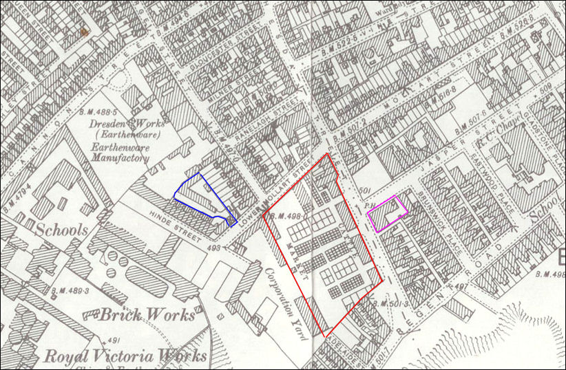 1898 map showing the Smithfield pottery works in blue