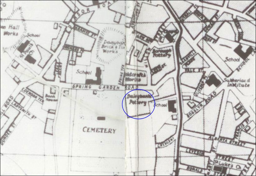 1907 map showing the Daisy Bank Works on Spring Garden Road