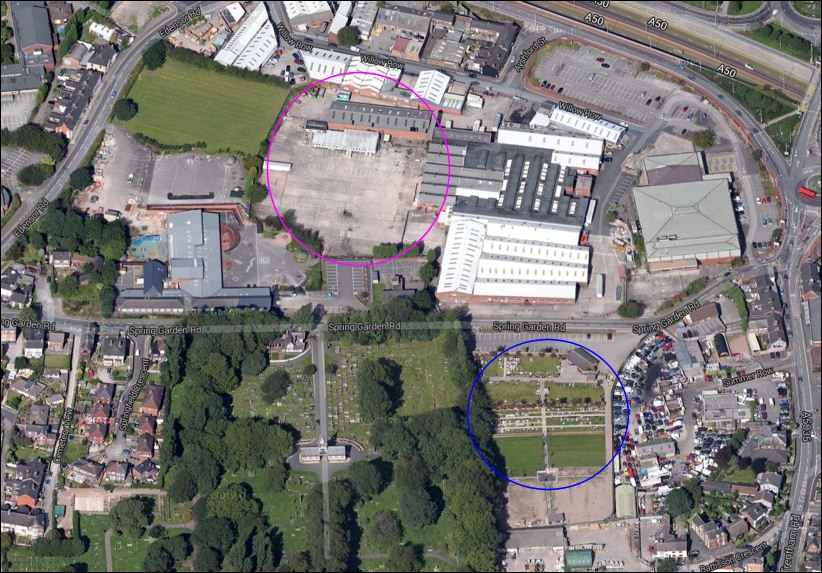 the same area in 2012 the site of the former Daisy Bank Works is marked in blue