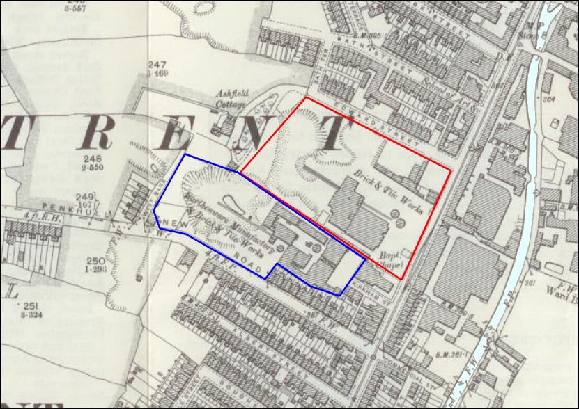 1898 map showing the location of the Falcon Works of W.H. Goss (red) and the works of H.G. Kirkham (blue)