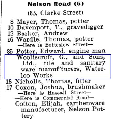 Nelson Road, Hanley - Woolliscroft, G and Sons, Ltd., tile and sanitary ware manufacturers, Waterloo Works