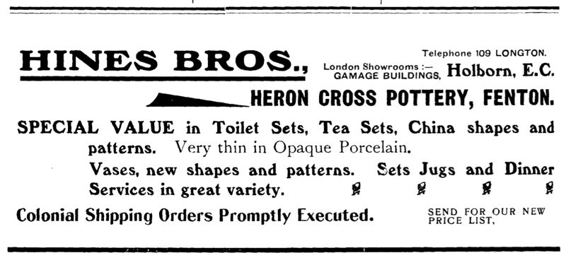 Hines Bros advert - from a 1907 Potteries directory