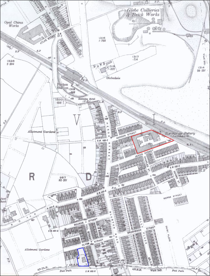 1922 map showing the Heron Pottery on the edge of the Glebe Collieries and Brick Works