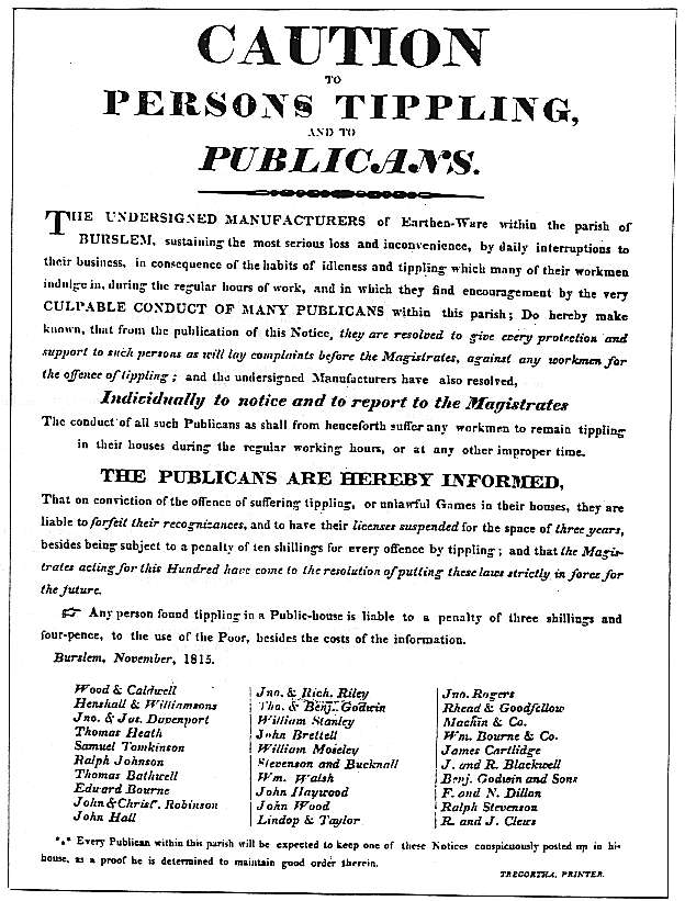 Enoch Wood was not just concerned about the sale of alcohol on Sundays. He and the other pottery manufacturers also took steps to control the sale of beer to their workmen during working hours.