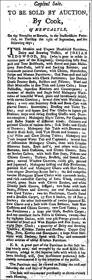 1789 Advertisement of Sale of Wedgwood's household effects.