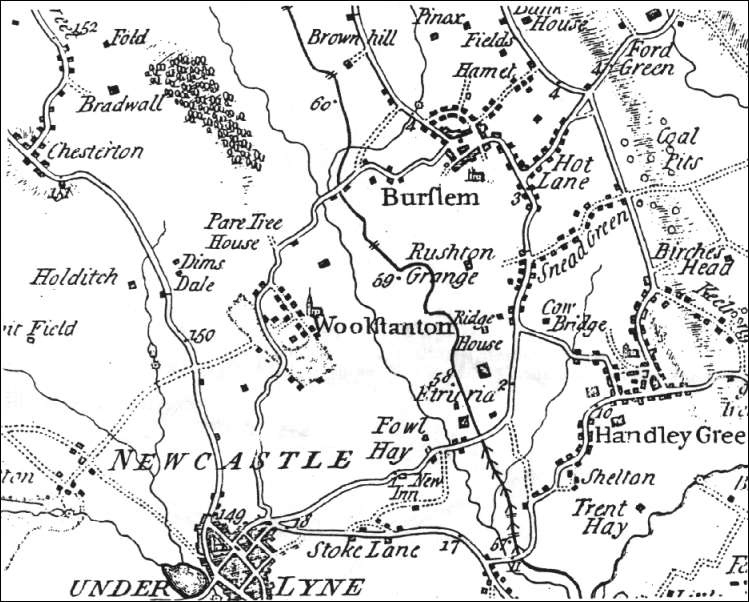 an extract from William Yates’s Map of Staffordshire, shows the area between Newcastle-under-Lyme and Burslem in 1775