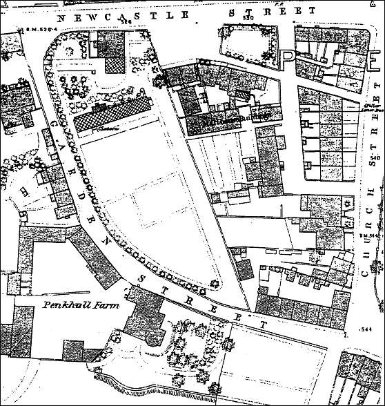 1877 Ordnance Survey map showing the Penkhull Farm buildings in Garden Street